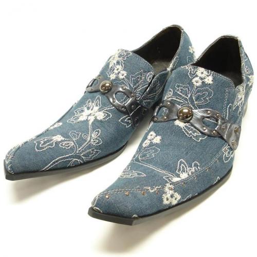Fiesso Blue With White Embroidered Paisley Design Diagonal Toe Denim Leather Shoes With Metal Bracelet And Stud FI8116